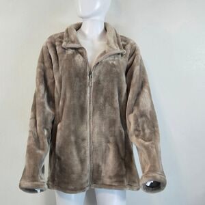 32 Degrees Womens Faux Fur Fleece Jacket Full Zip Mock Neck Taupe Brown XL